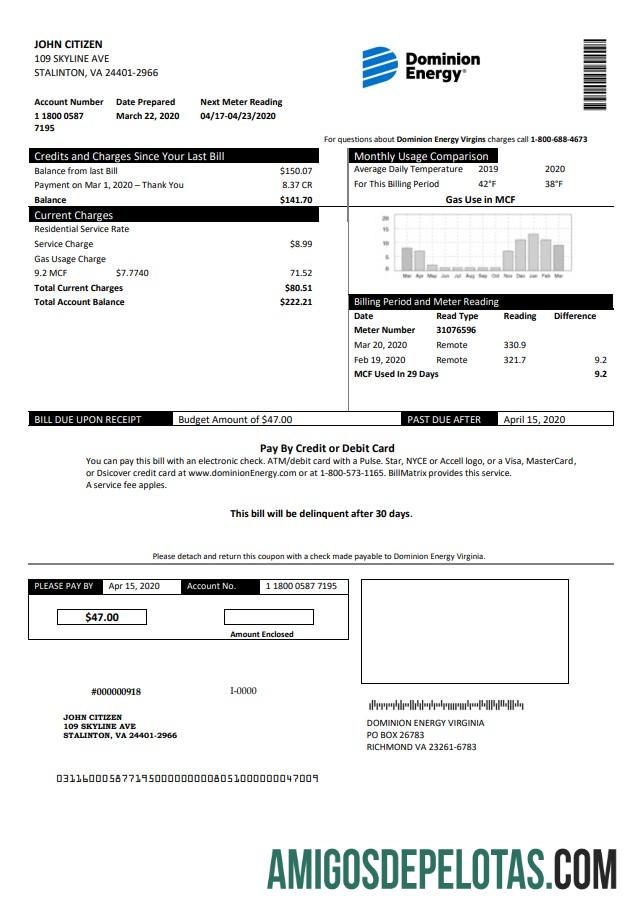 imprimível Modelo de conta de serviços públicos de energia USA Dominion em formato Word e PDF